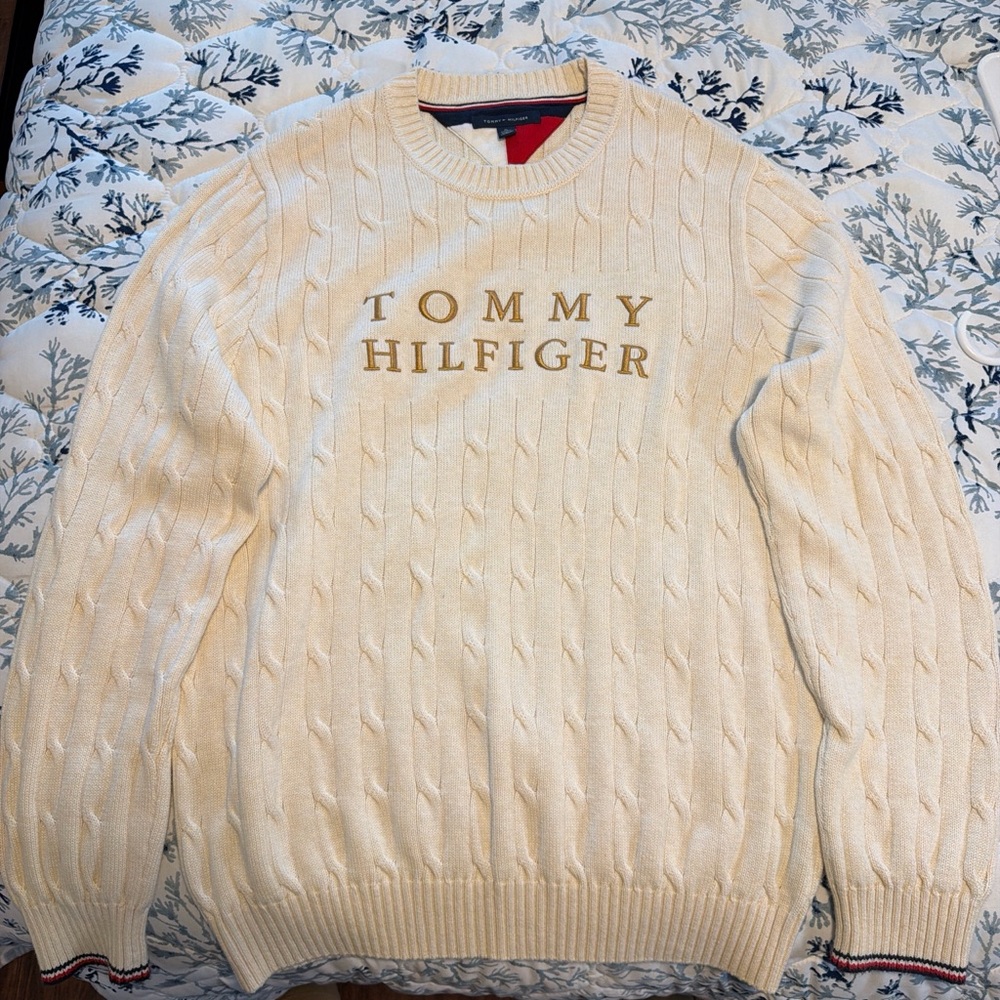 Tommy Hilfiger Beige Cable Knit Crewneck Sweater